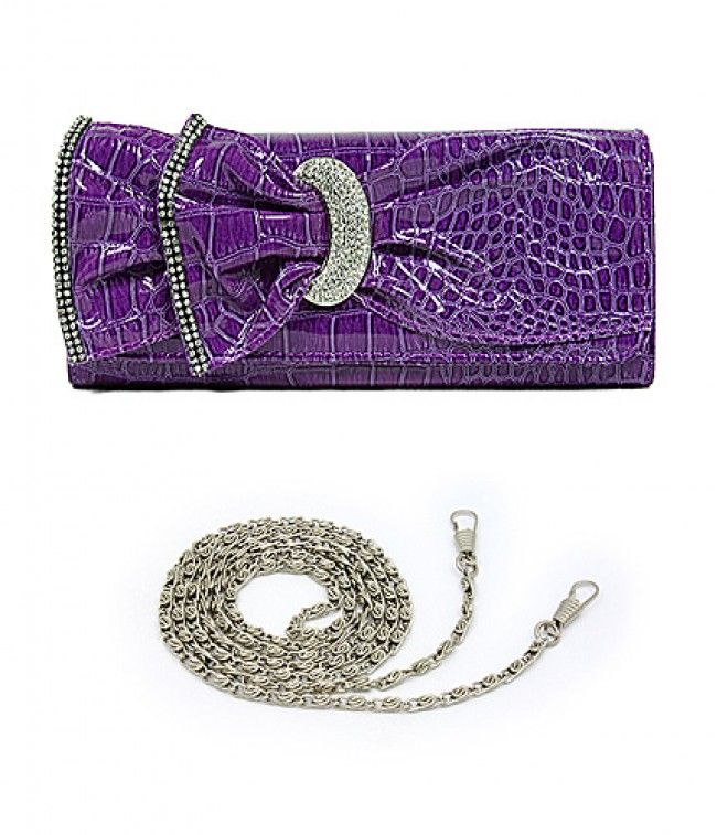 Evening Bag - Ruffled Shinny Croc w/ Rhinestone Buckle – Purple – BG-618C-PL